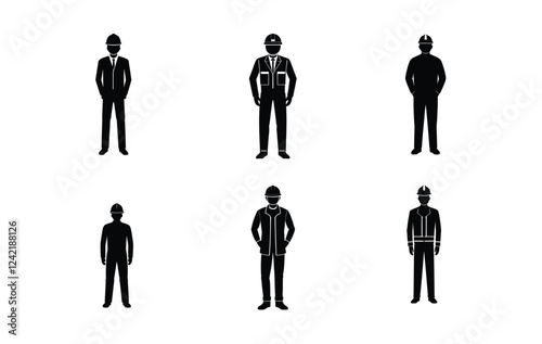 Six Black Silhouette Illustrations of Workers in Different Attire