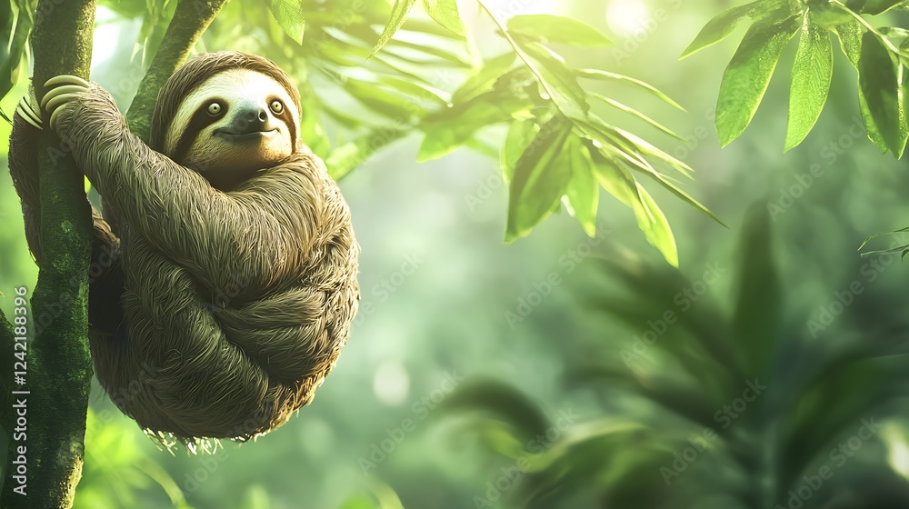 Sloth Hanging from Tree in Lush Tropical Rainforest with Natural Setting Sloth Hanging from Tree in Lush Tropical Rainforest with Natural Setting