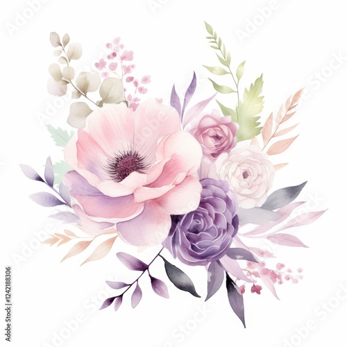 Charming watercolor floral shop logo design featuring pastel pink and violet flowers ideal for special occasions
