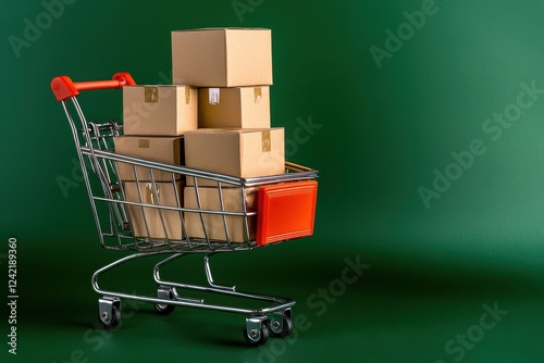 Shopping Cart with Cardboard Boxes on Green Background for Retail and E-commerce Concepts photo