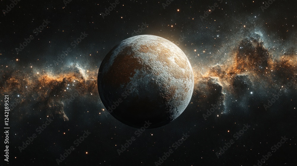 A celestial body, possibly a planet or moon, with a textured surface of browns and blues, is seen in a vast, dark space filled with nebulae. A celestial body, possibly a planet or moon, with a textured surface of browns and blues, is seen in a vast, dark space filled with nebulae.