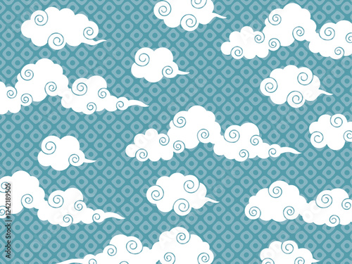 うずまきがある和風の雲の線画イラスト素材