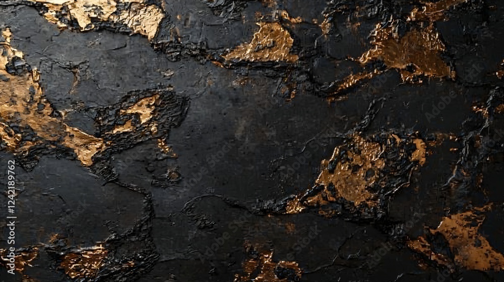 Abstract Art with Black and Gold Texture Creating a Dark and Luxurious Decorative Finish Pattern.