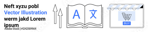 Open book with multilingual text, up arrows for growth, online shopping cart, store interface. Ideal for technology, education, e-commerce, globalization, language learning innovation web design