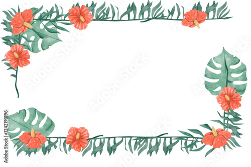 Watercolor Tropical Floral Frame with Red Hibiscus and Lush Exotic Foliage for Print, Textile and Web Design