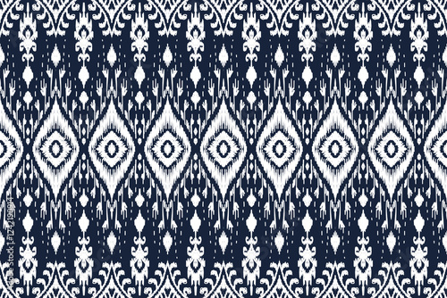 Ikat vector blue and white pattern, ethnic embroidery style, hand draw painting, fabric abstract.