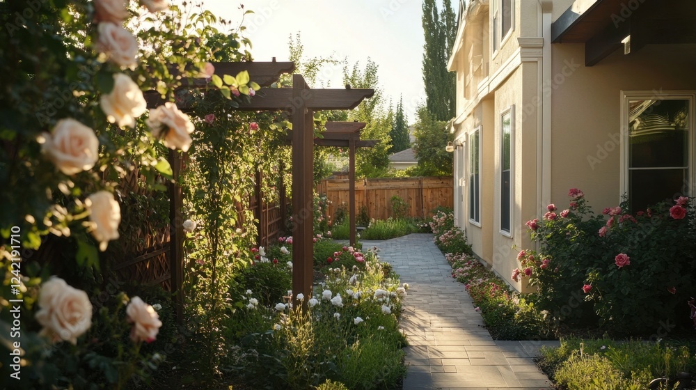 Fototapeta premium A well-kept flower garden with a wooden trellis covered in climbing roses and ivy.
