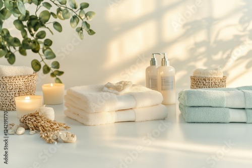 Conjunto de itens de spa com toalhas, velas e elementos decorativos em tons neutros, capturados com luz natural suave, criado com IA generativa.