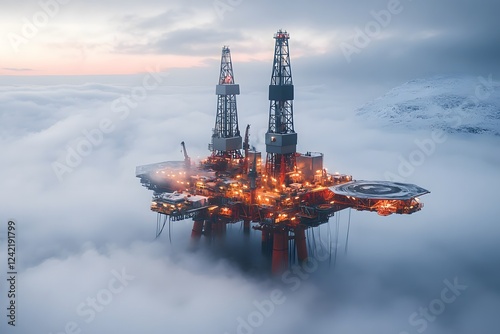 A wide-angle shot of an oil rig surrounded by mist, with only the highest beams of the platform visible above the fog, symbolizing the dominance of technology over nature’s obscurity.