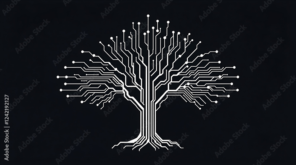 Naklejka premium Digital Technology Tree Circuit Board Design Pattern on Black Background - Modern Tech and Nature Fusion Concept