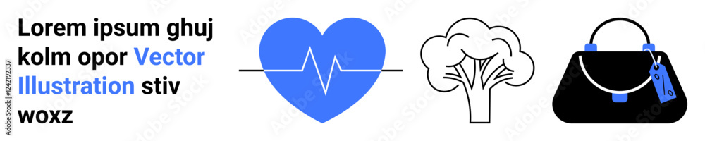 Blue heart with heartbeat line, tree icon, and handbag graphic in minimalist style. Ideal for health, nature, fashion, sustainability, well-being, eco-consciousness flat landing page banner Blue heart with heartbeat line, tree icon, and handbag graphic in minimalist style. Ideal for health, nature, fashion, sustainability, well-being, eco-consciousness flat landing page banner