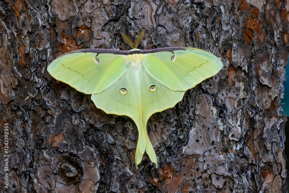 USA, Washington State, Sammamish. Luna silk moth lime green with long tail on hind wings USA, Washington State, Sammamish. Luna silk moth lime green with long tail on hind wings