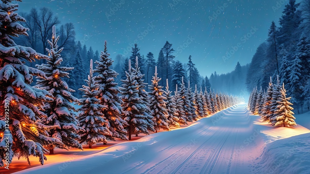 Fototapeta premium Enchanted Christmas trees in snowy tunnel with warm glowing lights creating magical winter wonderland, winter wonderland, glowing, picturesque