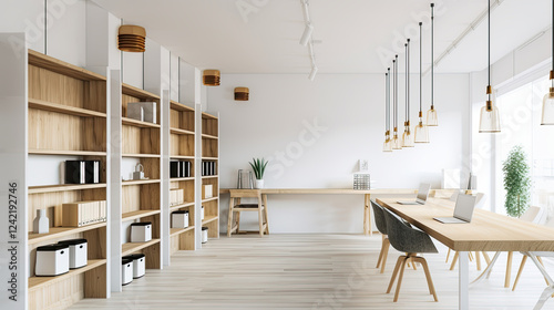 Modern Minimalist Office with Natural Wood Aesthetic and Scandinavian Design Created with Generative AI Technology