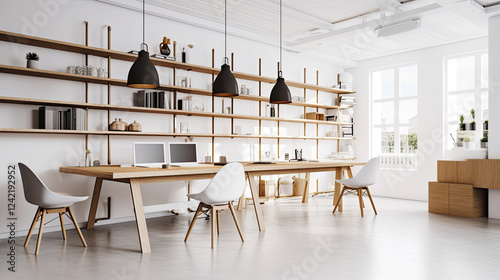 Modern Minimalist Office with Natural Wood Aesthetic and Scandinavian Design Created with Generative AI Technology