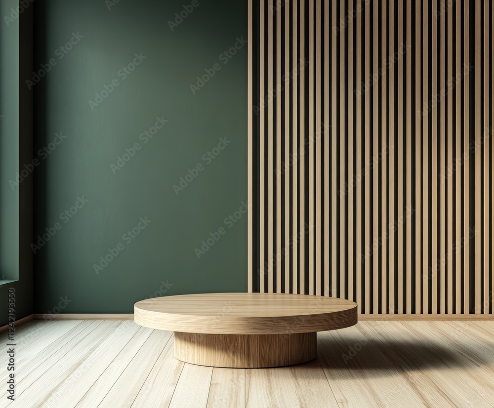 Minimalist wooden display platform in modern room. Minimalist wooden display platform in modern room.