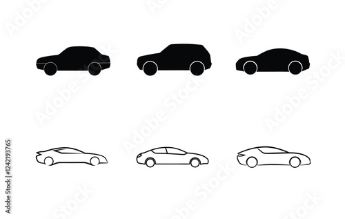 Variety of Car Silhouettes in Simple Line Art
