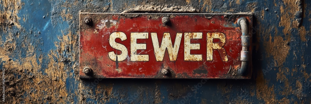 Close-Up of Weathered and Rusty Metal Sewer Sign Bolted to a Distressed and Dirty Wall Showing Signs of Age and Corrosion in an Urban Setting Environment Close-Up of Weathered and Rusty Metal Sewer Sign Bolted to a Distressed and Dirty Wall Showing Signs of Age and Corrosion in an Urban Setting Environment