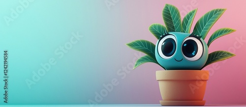 Cute animated plant character in a pot with vibrant leaves against a colorful gradient background