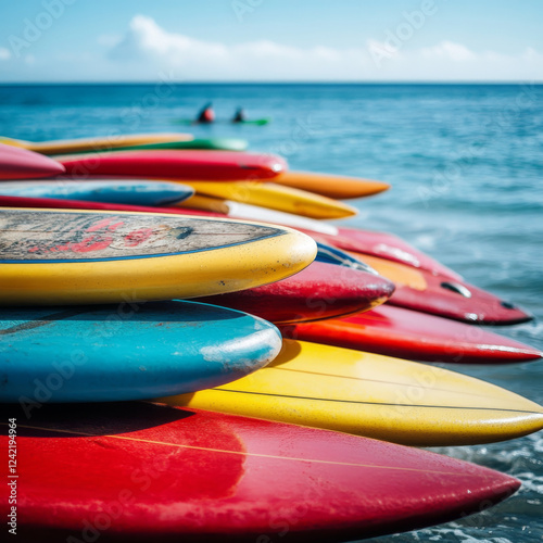 Set of different color surf boards in a stack by ocean photo