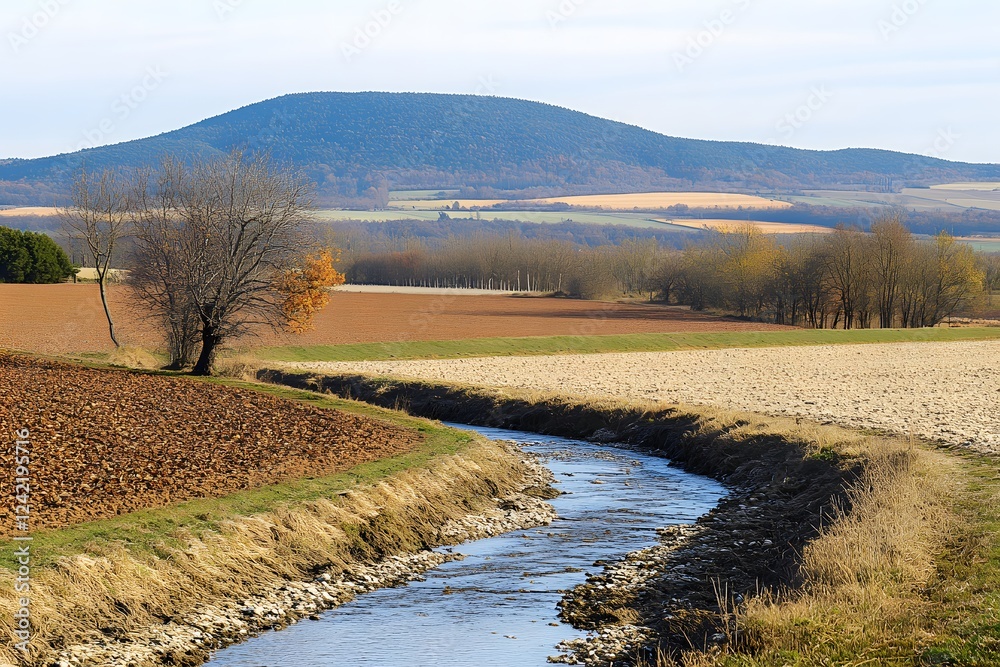 Scenic Countryside Landscape with Stream and Hill Scenic Countryside Landscape with Stream and Hill