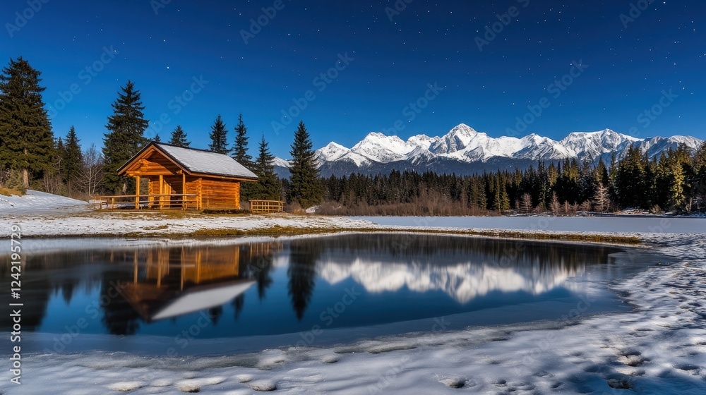 Fototapeta premium Serene Winter Landscape with Cabin and Snow-Capped Mountains