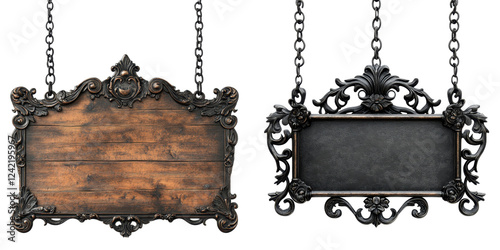 Ornate Vintage Signboards with Decorative Chains and Frames