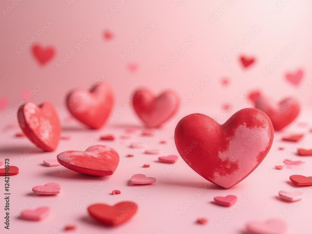 Rote und rosa Herzen mit sanften Farbverläufen, verstreut auf einem pastellrosa Hintergrund – ein zauberhaftes Kartenmotiv für Liebe und Romantik. Generative KI. Rote und rosa Herzen mit sanften Farbverläufen, verstreut auf einem pastellrosa Hintergrund – ein zauberhaftes Kartenmotiv für Liebe und Romantik. Generative KI.