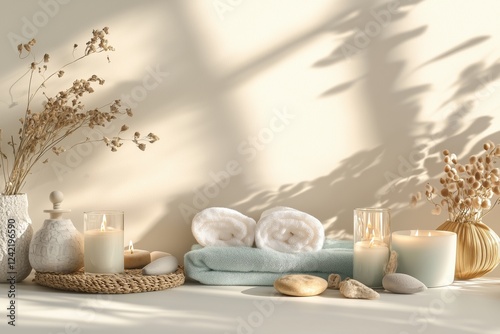 Conjunto de itens de spa com toalhas, velas e elementos decorativos em tons neutros, capturados com luz natural suave, criado com IA generativa.