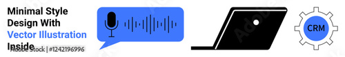 Microphone with sound waves, open laptop, gear with CRM text. Ideal for productivity, automation, technology, communication, analytics, modern tools and abstract line flat metaphor