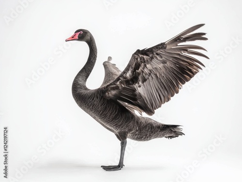 Fototapeta Naklejka Na Ścianę i Meble -  Majestic Black Swan: A striking black swan showcases its full wingspan in a pose that embodies poise, grace, and confidence, against a clean backdrop. 