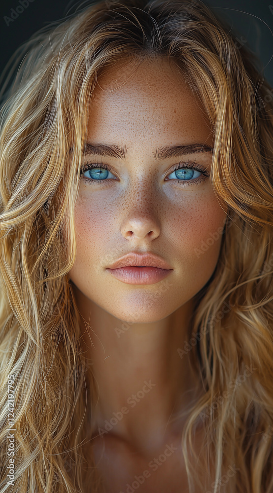 Naklejka premium Natural beauty portrait of a young woman with wavy blonde hair and blue eyes 