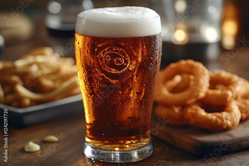 Cold beer with fries and onion rings. Pub food