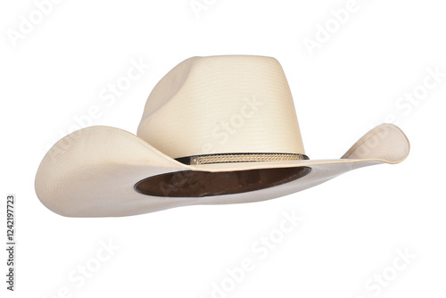 cowboy style hat straw hat with black ribbon isolated on white background, straw hat for women and men head protection