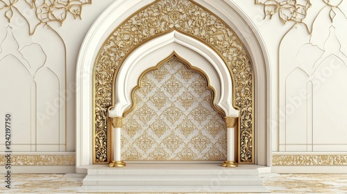 Elegant Islamic Architectural Design: Intricate Gold and White Archway