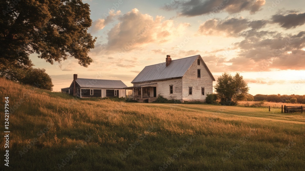 Rustic Farmhouse at Sunset in Golden Field Rustic Farmhouse at Sunset in Golden Field