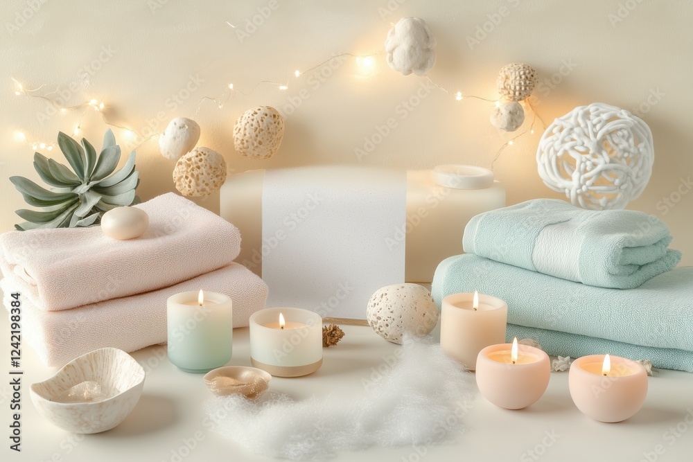 Conjunto de itens de spa com toalhas, velas e elementos decorativos em tons neutros, capturados com luz natural suave, criado com IA generativa. Conjunto de itens de spa com toalhas, velas e elementos decorativos em tons neutros, capturados com luz natural suave, criado com IA generativa.