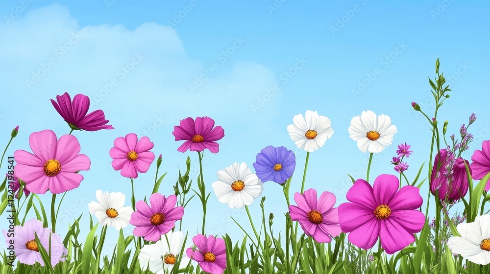Vibrant Flower Field Under Bright Blue Sky with Soft Clouds Vibrant Flower Field Under Bright Blue Sky with Soft Clouds