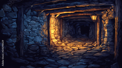 Dark passageway with ancient stone walls and worn wooden beams, caverns, lowceilinged. Worn & Weathered Look. Illustration