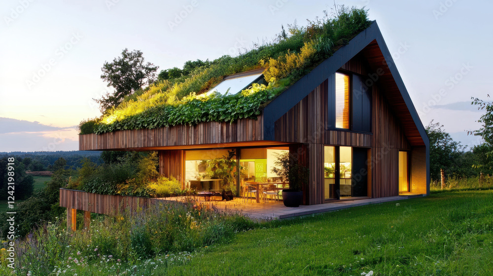 Eco friendly biophilic architecture home with green roof and garden Eco friendly biophilic architecture home with green roof and garden