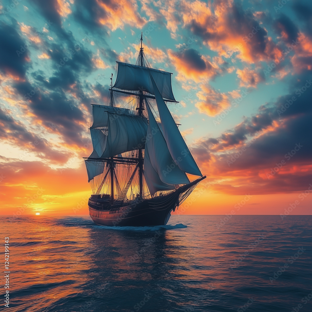 Fototapeta premium Majestic tall ship sailing at sunset with dramatic clouds and glowing ocean waters. 