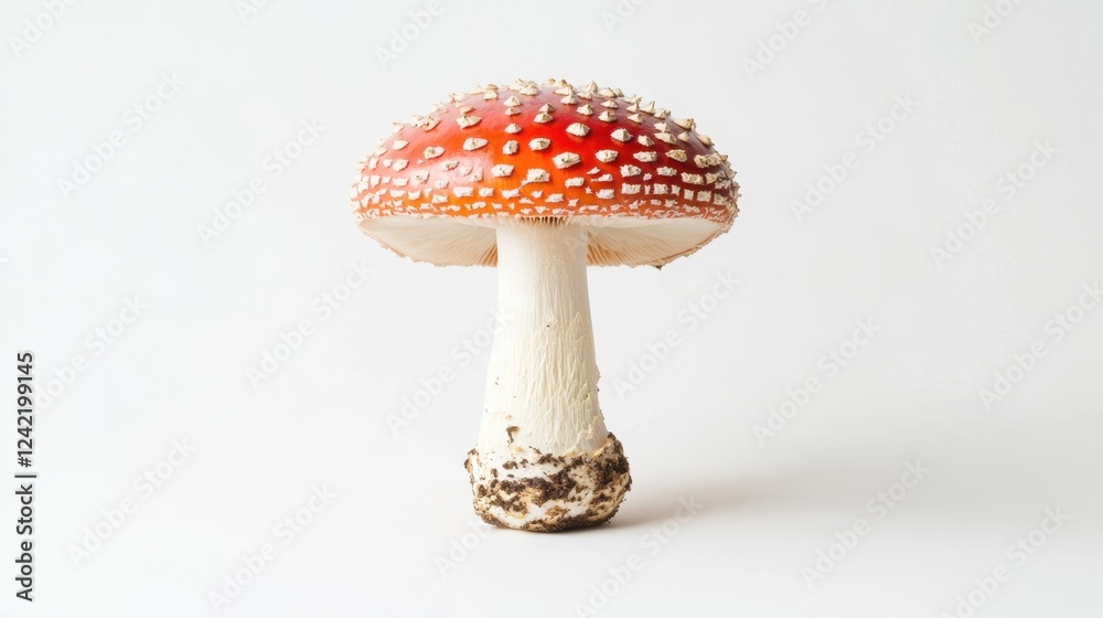 Obraz premium Fly Agaric Mushroom: A captivating close-up of a vibrant fly agaric mushroom, showcasing its iconic red cap speckled with white, against a clean backdrop.