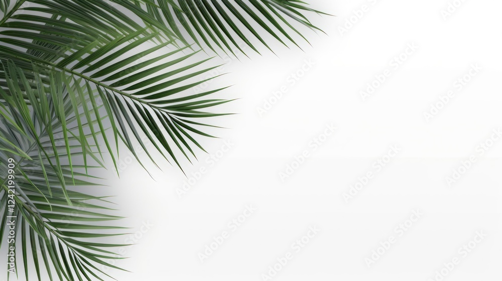 Tropical palm leaves on white background. Flat lay, top view Tropical palm leaves on white background. Flat lay, top view