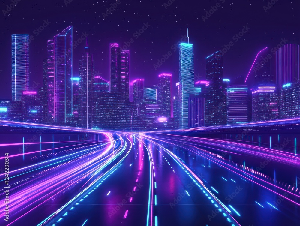 Fototapeta premium Neon city highway night drive, futuristic cityscape background, website banner