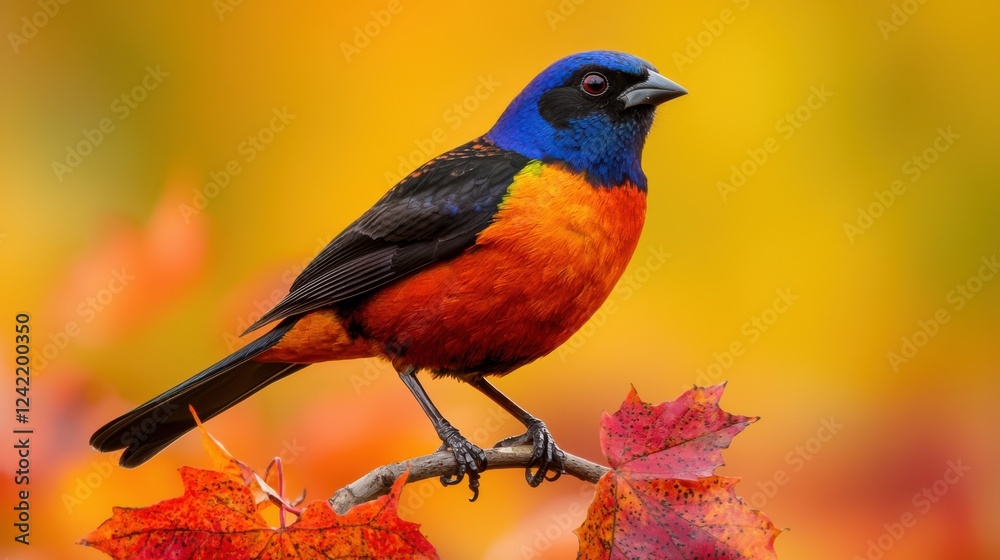 Fototapeta premium A bird is perched on a branch of a tree with orange leaves