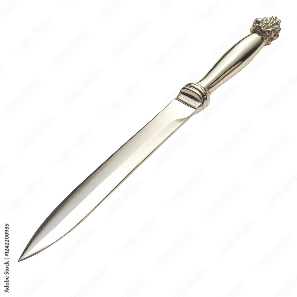 Elegant silver knife with detailed handle on white background