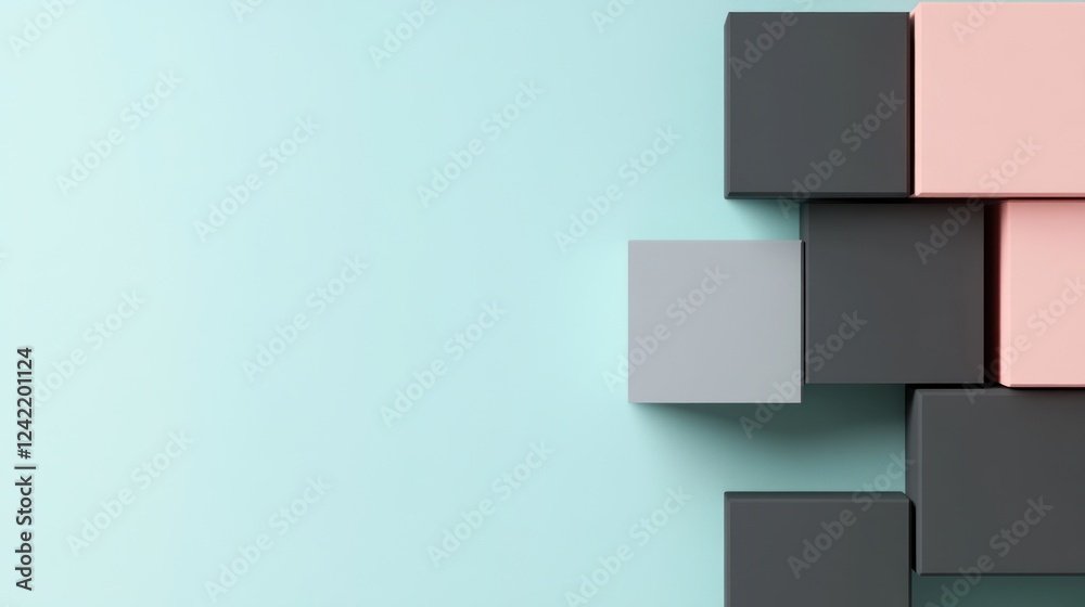 Pastel pink, gray, and black cubes on light blue background.