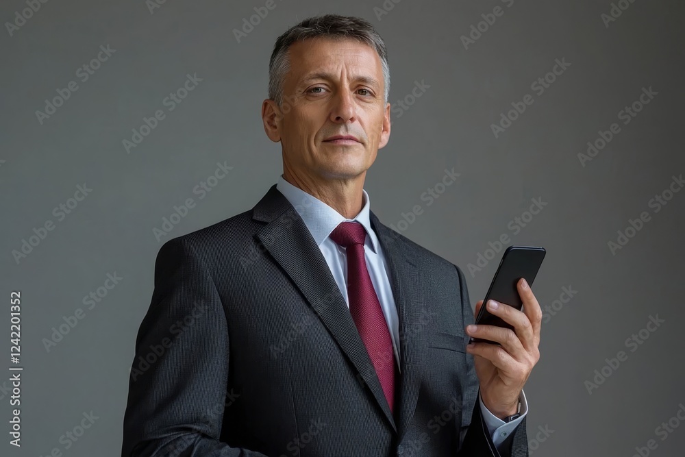 Business portrait of caucasian businessman in business suit holding mobile phone on hand.