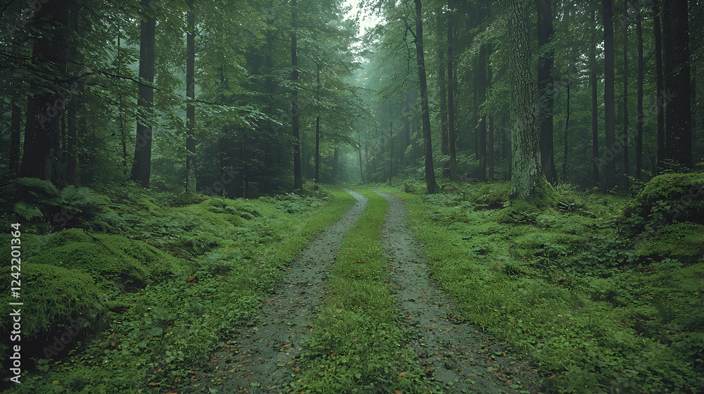 Fototapeta premium Misty forest path, green moss, trees, nature. Use Nature background