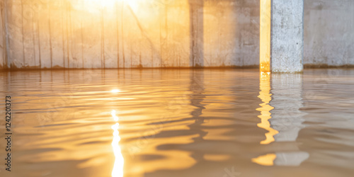 Flooded basement with standing water, beams, concrete walls, water damage consequences.